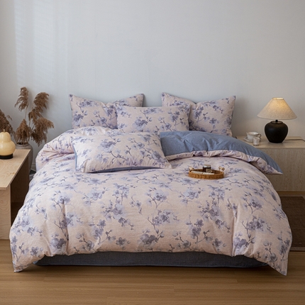 91家纺网 家纺一手货源 找家纺 芯贝儿 2025秋冬新品加厚原麻复古风亚麻皱皱双层纱水洗m四件套 慕雪--灰