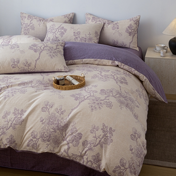 91家纺网 家纺一手货源 找家纺 芯贝儿 2025秋冬新品加厚原麻复古风亚麻皱皱双层纱水洗m四件套 砚秋