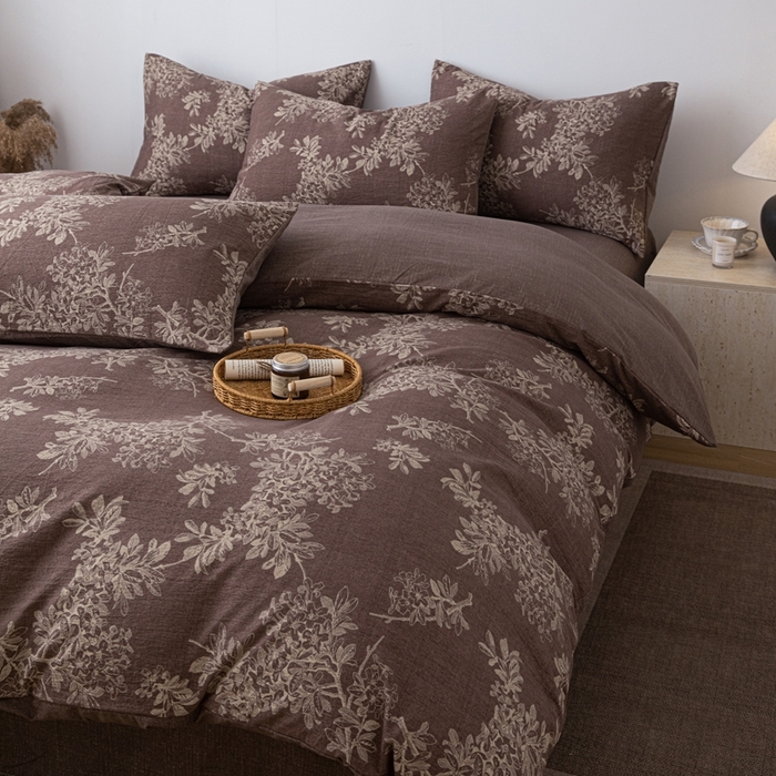 91家纺网 家纺一手货源 找家纺 芯贝儿 2025秋冬新品加厚原麻复古风亚麻皱皱双层纱水洗m四件套 锦瑟