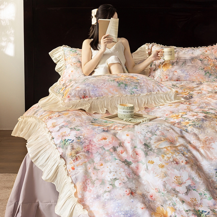 91家纺网 家纺一手货源 找家纺 迷尚家居 2025新款全棉60支磨毛花边款四件套 花漾倾城