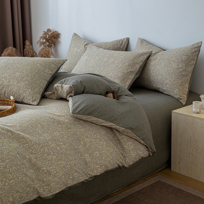 91家纺网 家纺一手货源 找家纺 芯贝儿 2025秋冬新品加厚原麻复古风亚麻皱皱双层纱水洗m四件套 古奈--绿