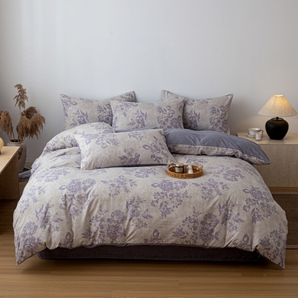 91家纺网 家纺一手货源 找家纺 芯贝儿 2025秋冬新品加厚原麻复古风亚麻皱皱双层纱水洗m四件套 风木槿--紫