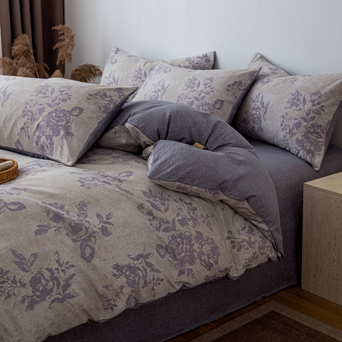 91家纺网 家纺一手货源 找家纺 芯贝儿 2025秋冬新品加厚原麻复古风亚麻皱皱双层纱水洗m四件套 风木槿--紫