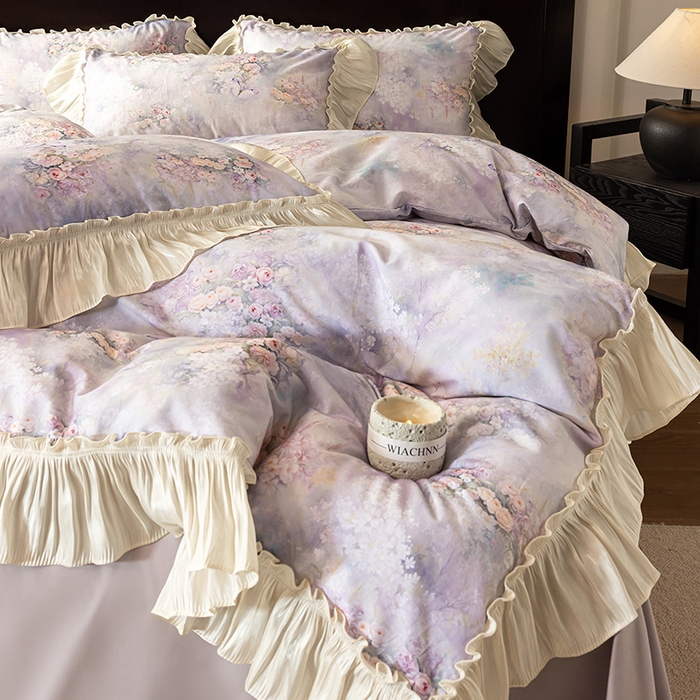 91家纺网 家纺一手货源 找家纺 迷尚家居 2025新款全棉60支磨毛花边款四件套 绒花梦境