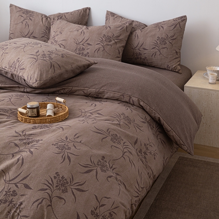 91家纺网 家纺一手货源 找家纺 芯贝儿 2025秋冬新品加厚原麻复古风亚麻皱皱双层纱水洗m四件套 玉茗