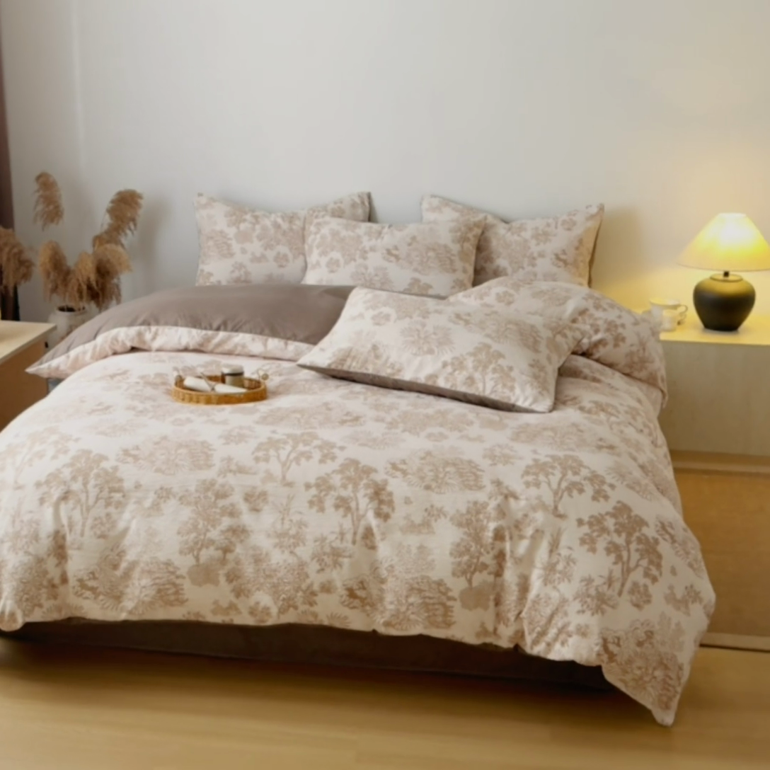 91家纺网 家纺一手货源 找家纺 芯贝儿 2025秋冬新品加厚原麻复古风亚麻皱皱双层纱水洗m四件套 迪奥咖