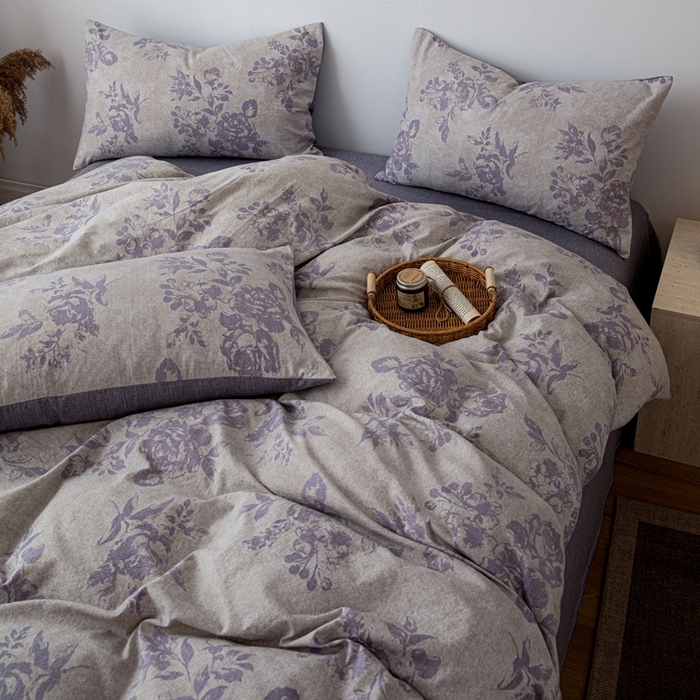 91家纺网 家纺一手货源 找家纺 芯贝儿 2025秋冬新品加厚原麻复古风亚麻皱皱双层纱水洗m四件套 风木槿--紫