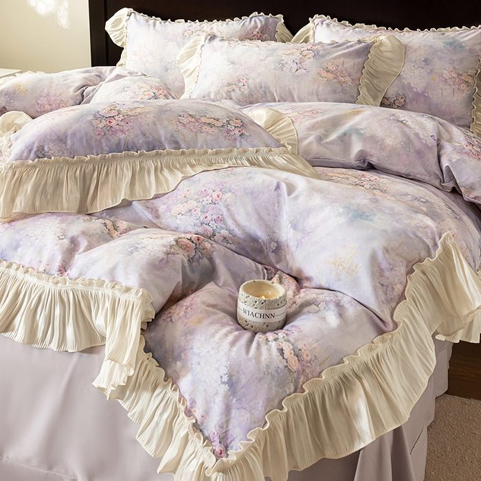 91家纺网 家纺一手货源 找家纺 迷尚家居 2025新款全棉60支磨毛花边款四件套 绒花梦境