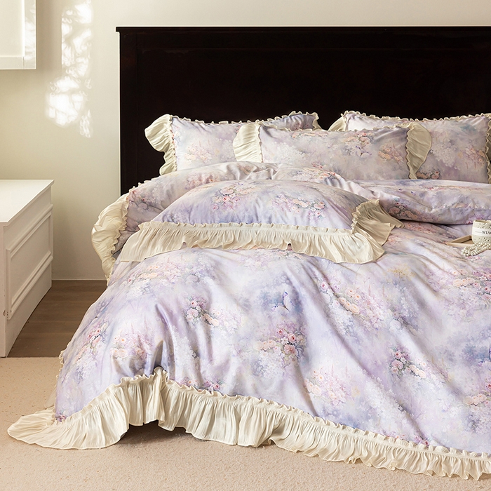 91家纺网 家纺一手货源 找家纺 迷尚家居 2025新款全棉60支磨毛花边款四件套 绒花梦境