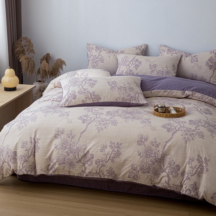 91家纺网 家纺一手货源 找家纺 芯贝儿 2025秋冬新品加厚原麻复古风亚麻皱皱双层纱水洗m四件套 砚秋