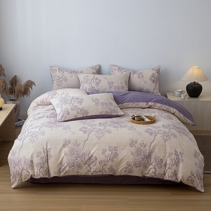 91家纺网 家纺一手货源 找家纺 芯贝儿 2025秋冬新品加厚原麻复古风亚麻皱皱双层纱水洗m四件套 砚秋