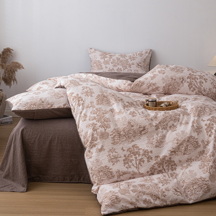 91家纺网 家纺一手货源 找家纺 芯贝儿 2025秋冬新品加厚原麻复古风亚麻皱皱双层纱水洗m四件套 迪奥咖