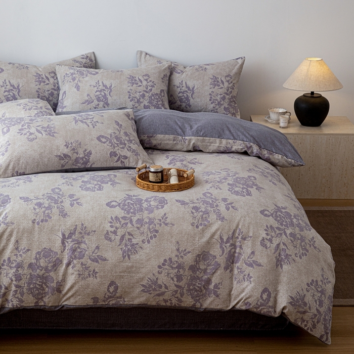 91家纺网 家纺一手货源 找家纺 芯贝儿 2025秋冬新品加厚原麻复古风亚麻皱皱双层纱水洗m四件套 风木槿--紫