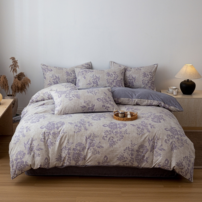 91家纺网 家纺一手货源 找家纺 芯贝儿 2025秋冬新品加厚原麻复古风亚麻皱皱双层纱水洗m四件套 风木槿--紫