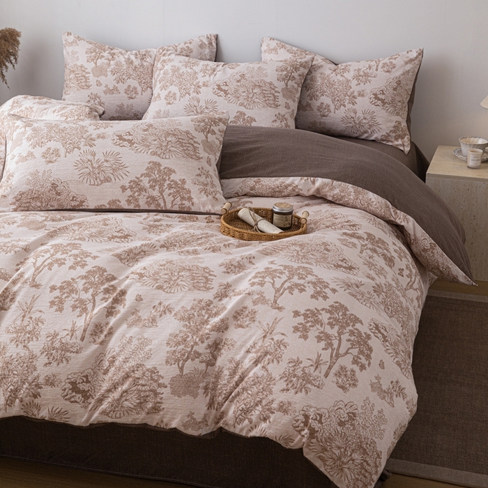 91家纺网 家纺一手货源 找家纺 芯贝儿 2025秋冬新品加厚原麻复古风亚麻皱皱双层纱水洗m四件套 迪奥咖