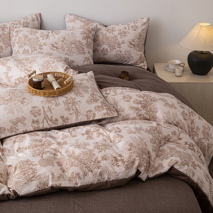 芯贝儿 2025秋冬新品加厚原麻复古风亚麻皱皱双层纱水洗m四件套 迪奥咖