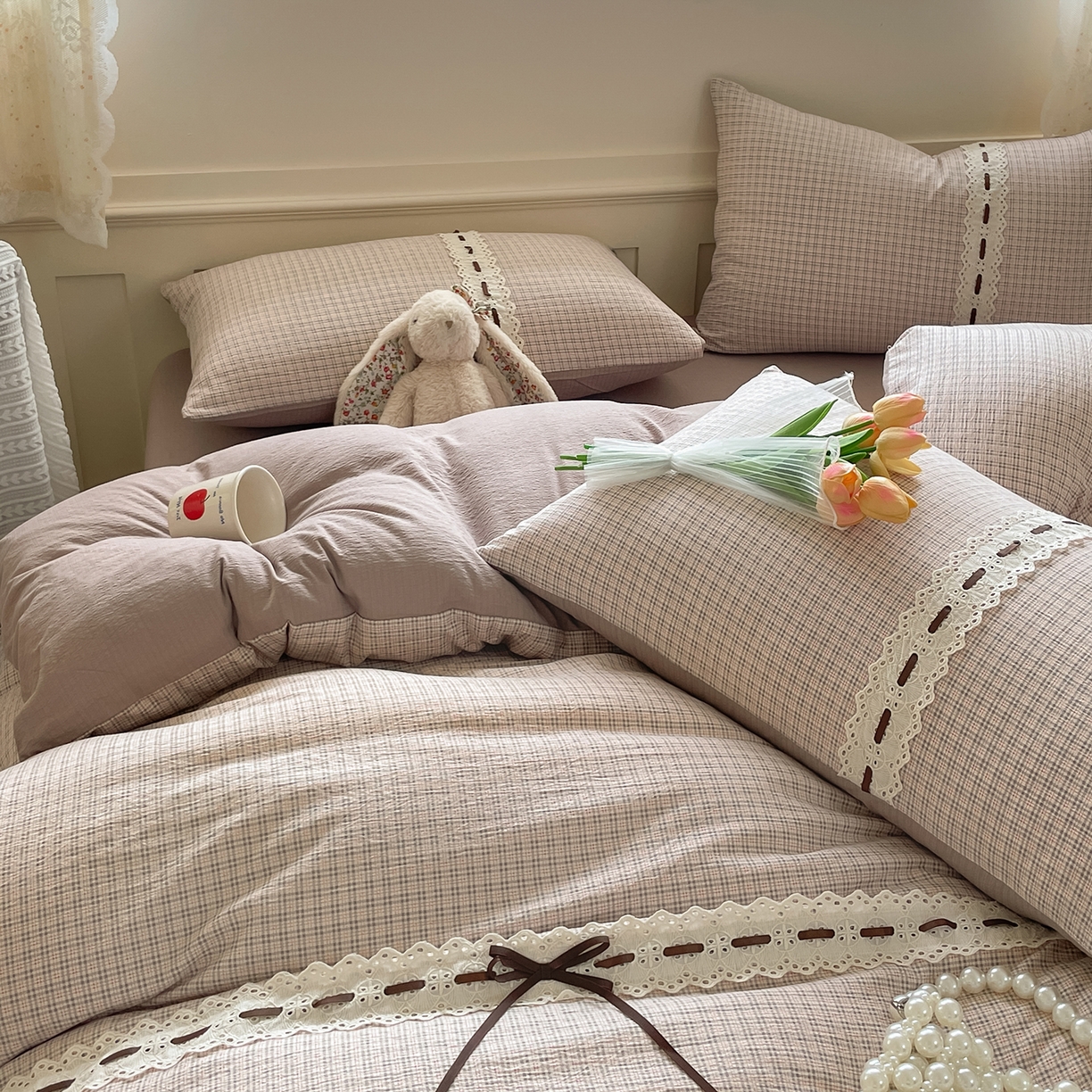 91家纺网 家纺一手货源 找家纺 韩后家纺 2025新款木棉印花四件套 格韵-咖