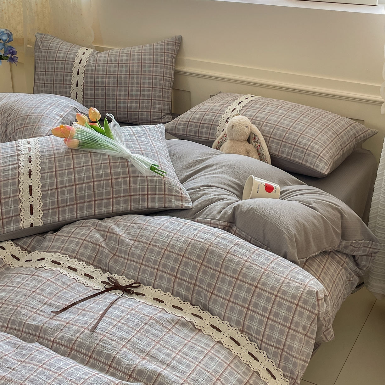 91家纺网 家纺一手货源 找家纺 韩后家纺 2025新款木棉印花四件套 艾格-灰