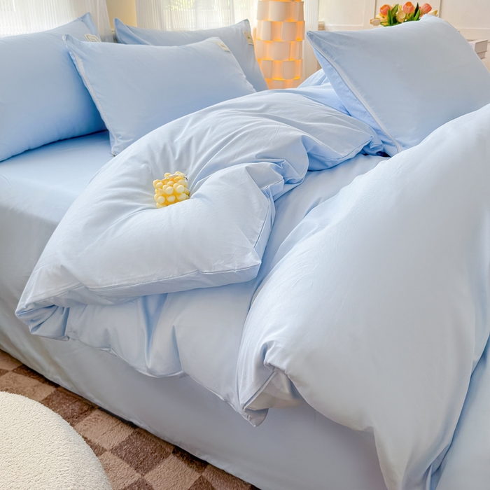 91家纺网 家纺一手货源 找家纺 花香四季家纺 2025新款全棉13376纯棉素色四件套系列床单床笠枕套单品 天真蓝