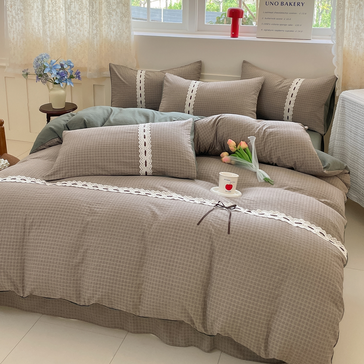 91家纺网 家纺一手货源 找家纺 韩后家纺 2025新款木棉印花四件套 格韵-绿