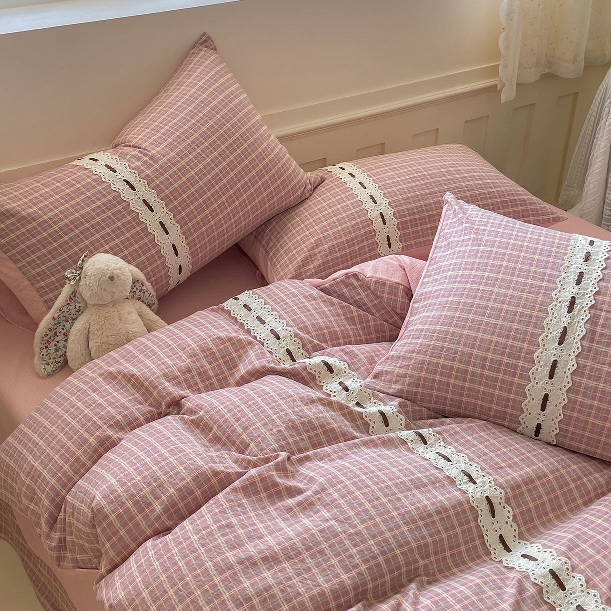 91家纺网 家纺一手货源 找家纺 韩后家纺 2025新款木棉印花四件套 艾格-粉