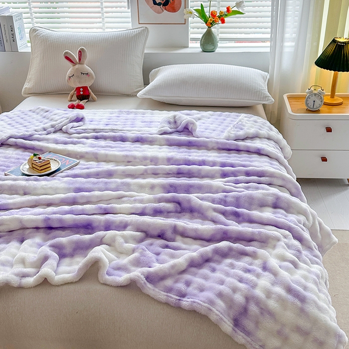 91家纺网 家纺一手货源 找家纺 肖恩毯业 2025新款托斯卡纳兔毛绒炫彩毛毯泡泡绒牛奶绒毯沙发盖毯跨境专供外贸出口可定制尺寸量大可谈 炫彩紫