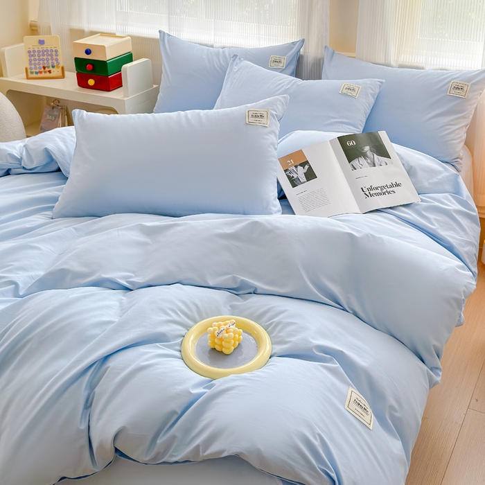 91家纺网 家纺一手货源 找家纺 花香四季家纺 2025新款全棉13376纯棉素色四件套系列床单床笠枕套单品 天真蓝