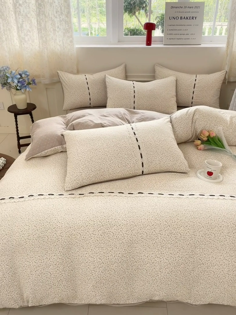 91家纺网 家纺一手货源 找家纺 韩后家纺 2025新款木棉印花四件套 塞纳花园-咖