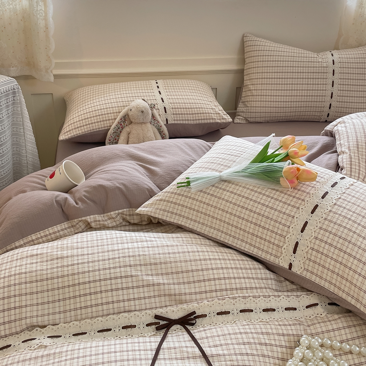 91家纺网 家纺一手货源 找家纺 韩后家纺 2025新款木棉印花四件套 艾格-咖