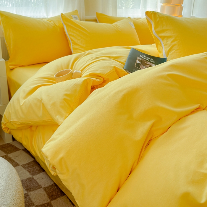 91家纺网 家纺一手货源 找家纺 花香四季家纺 2025新款全棉13376纯棉素色四件套系列床单床笠枕套单品 姜黄