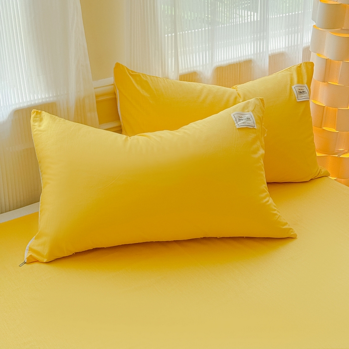 91家纺网 家纺一手货源 找家纺 花香四季家纺 2025新款全棉13376纯棉素色四件套系列床单床笠枕套单品 姜黄