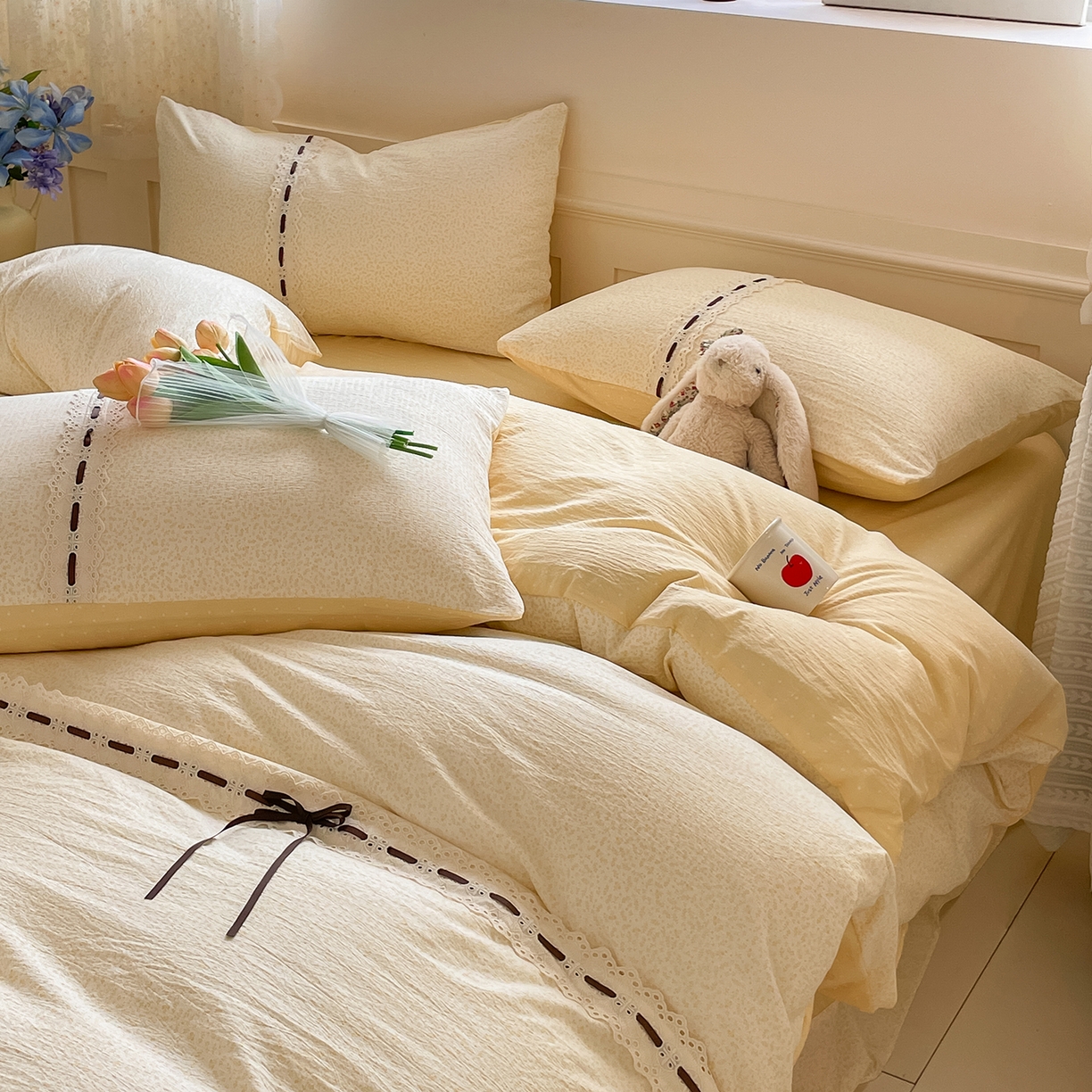 91家纺网 家纺一手货源 找家纺 韩后家纺 2025新款木棉印花四件套 塞纳花园-黄