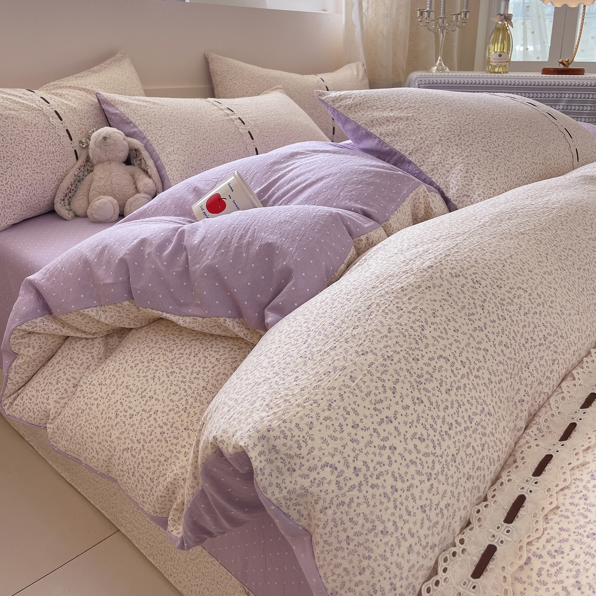 91家纺网 家纺一手货源 找家纺 韩后家纺 2025新款木棉印花四件套 塞纳花园-紫