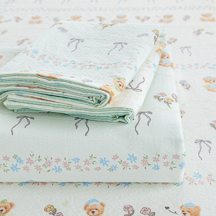 91家纺网 家纺一手货源 找家纺 奇丝雅2025新款A类有氧超柔云感双层纱床单单件学生宿舍家用四季通用床单两件套三件套 薄荷熊