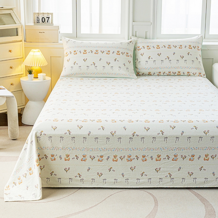 91家纺网 家纺一手货源 找家纺 奇丝雅2025新款A类有氧超柔云感双层纱床单单件学生宿舍家用四季通用床单两件套三件套 薄荷熊