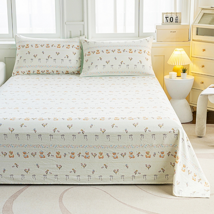 91家纺网 家纺一手货源 找家纺 奇丝雅2025新款A类有氧超柔云感双层纱床单单件学生宿舍家用四季通用床单两件套三件套 薄荷熊