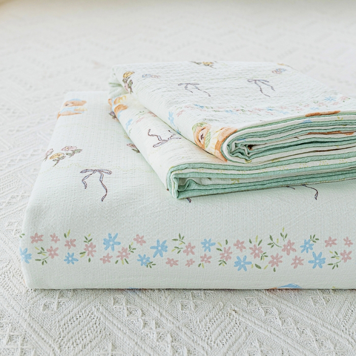 91家纺网 家纺一手货源 找家纺 奇丝雅2025新款A类有氧超柔云感双层纱床单单件学生宿舍家用四季通用床单两件套三件套 薄荷熊