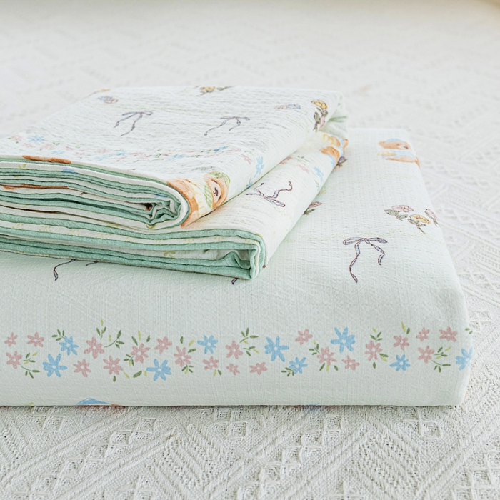 91家纺网 家纺一手货源 找家纺 奇丝雅2025新款A类有氧超柔云感双层纱床单单件学生宿舍家用四季通用床单两件套三件套 薄荷熊