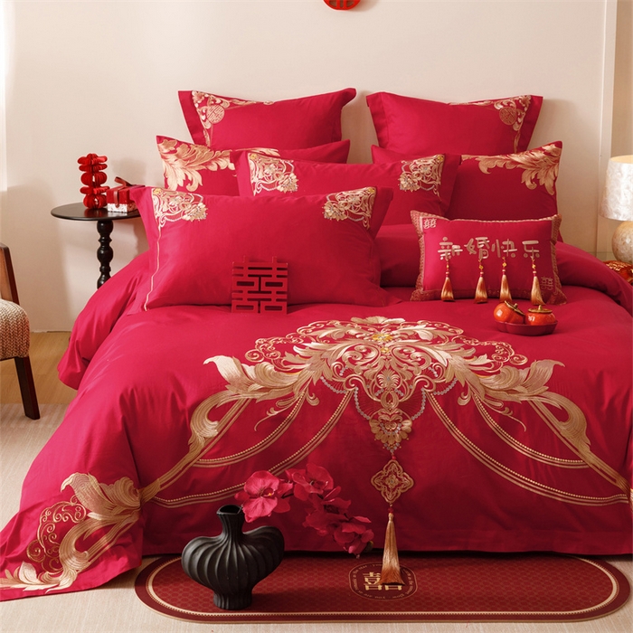 91家纺网 家纺一手货源 找家纺 宏羽纺家纺 2025新款全棉100%全棉新中式婚庆多件套 纯棉时尚-恋语-金