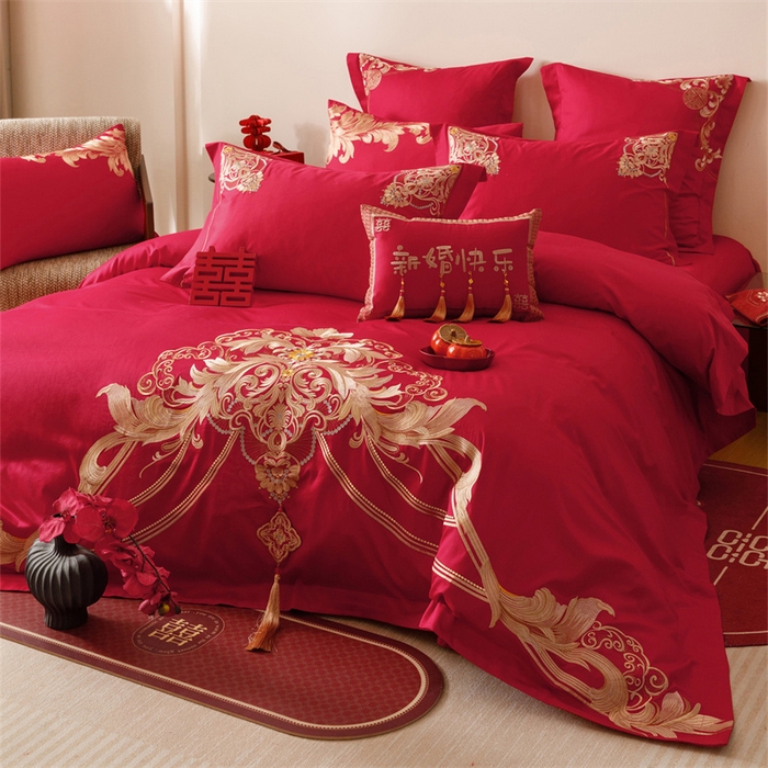 91家纺网 家纺一手货源 找家纺 宏羽纺家纺 2025新款全棉100%全棉新中式婚庆多件套 纯棉时尚-恋语-金