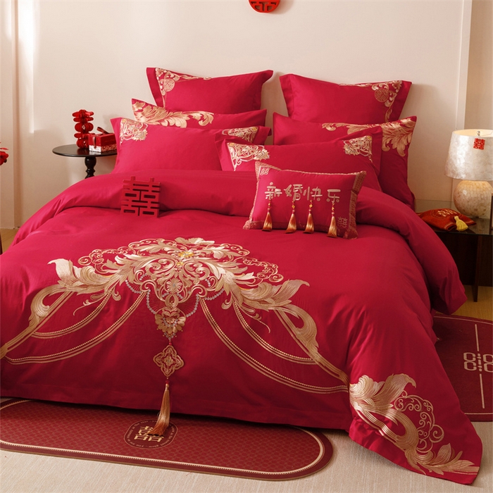 91家纺网 家纺一手货源 找家纺 宏羽纺家纺 2025新款全棉100%全棉新中式婚庆多件套 纯棉时尚-恋语-金