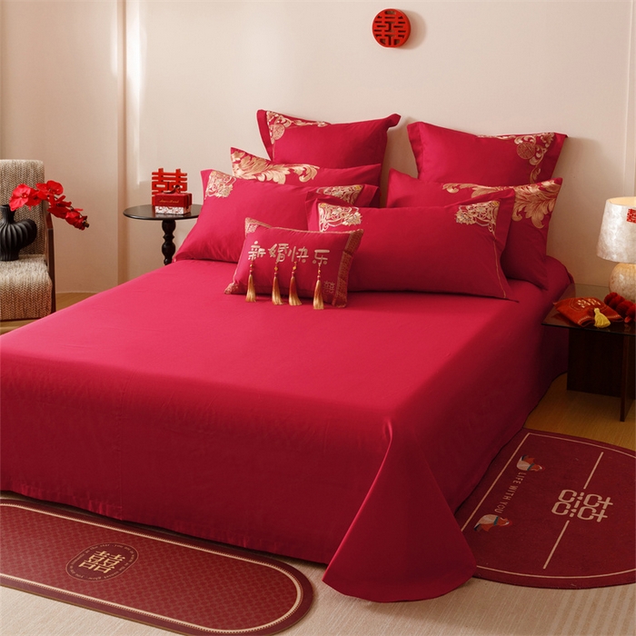 91家纺网 家纺一手货源 找家纺 宏羽纺家纺 2025新款全棉100%全棉新中式婚庆多件套 纯棉时尚-恋语-金