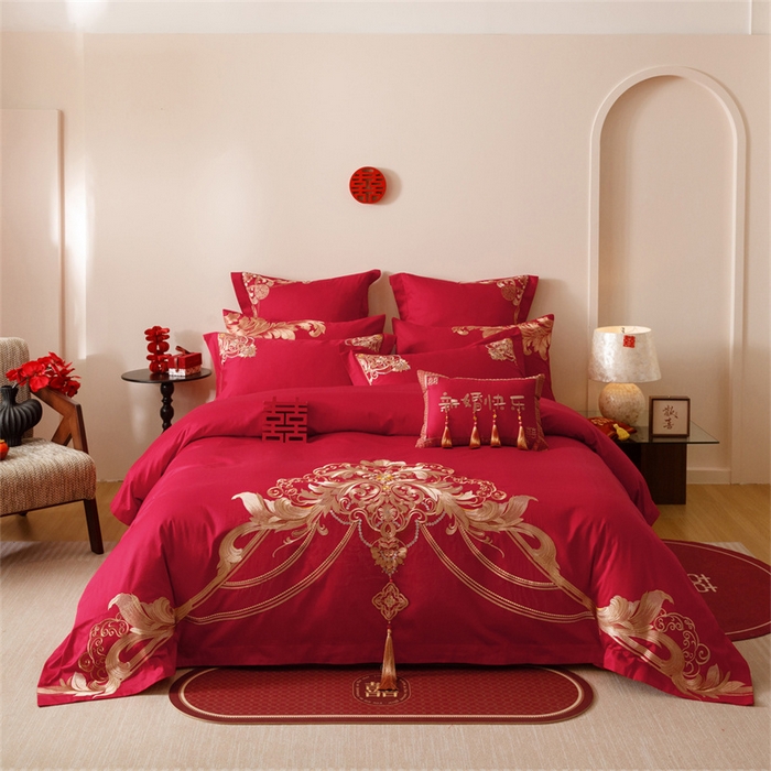 宏羽纺家纺 2025新款全棉100%全棉新中式婚庆多件套 纯棉时尚-恋语-金