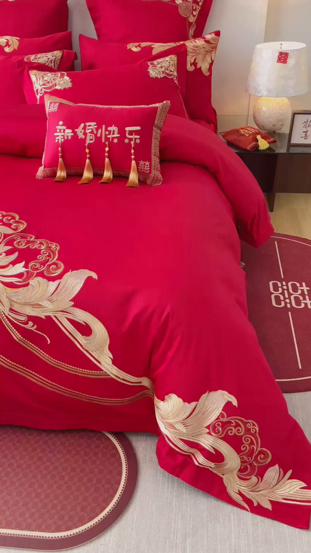91家纺网 家纺一手货源 找家纺 宏羽纺家纺 2025新款全棉100%全棉新中式婚庆多件套 纯棉时尚-恋语-金