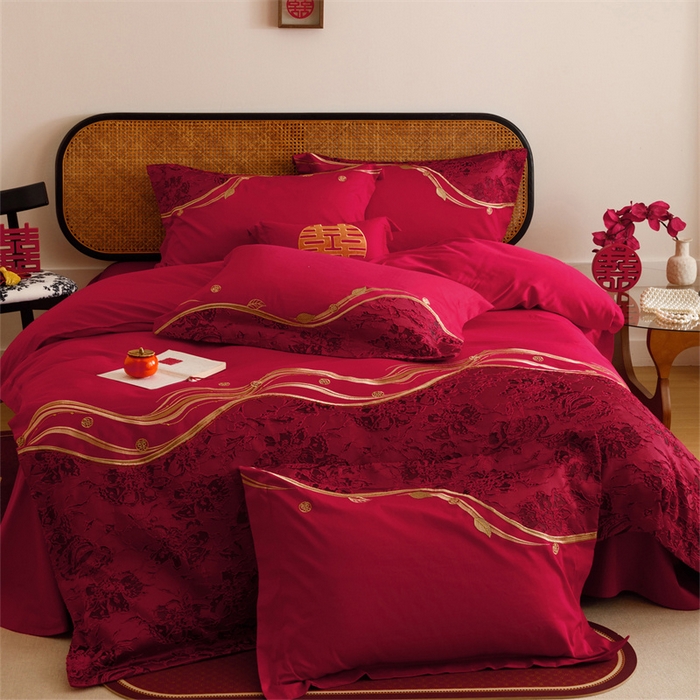 91家纺网 家纺一手货源 找家纺 宏羽纺家纺 2025新款全棉100%全棉新中式婚庆多件套 纯棉时尚-爱漾