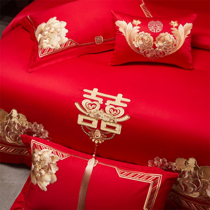 91家纺网 家纺一手货源 找家纺 宏羽纺家纺 2025新款全棉100%全棉新中式婚庆多件套 全棉一往情深