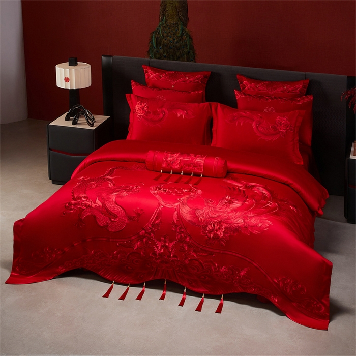 91家纺网 家纺一手货源 找家纺 宏羽纺家纺 2025新款全棉100%全棉新中式婚庆多件套 全棉一龙凤盛典-红