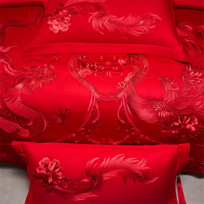 91家纺网 家纺一手货源 找家纺 宏羽纺家纺 2025新款全棉100%全棉新中式婚庆多件套 全棉一龙凤盛典-红