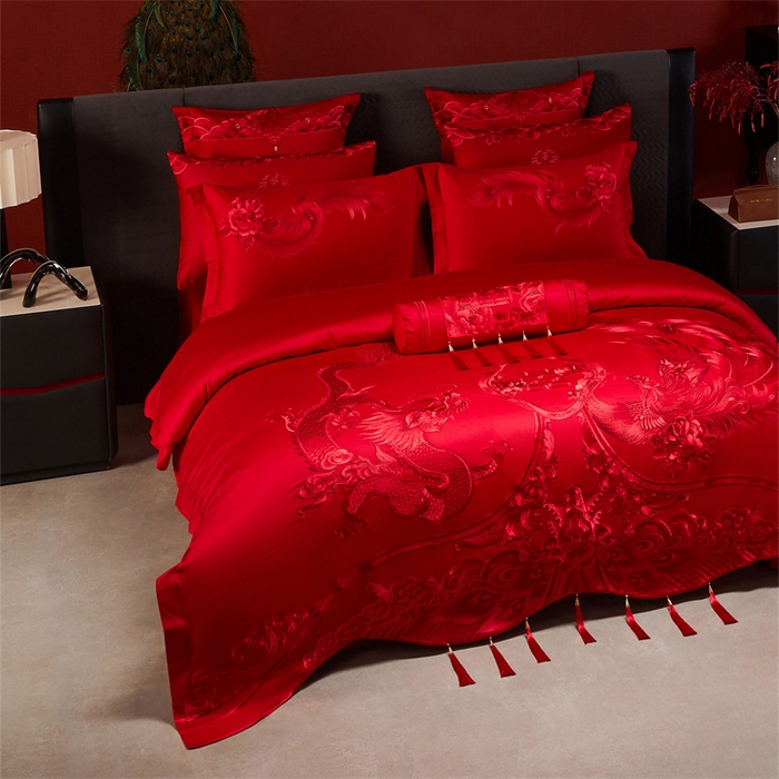 91家纺网 家纺一手货源 找家纺 宏羽纺家纺 2025新款全棉100%全棉新中式婚庆多件套 全棉一龙凤盛典-红