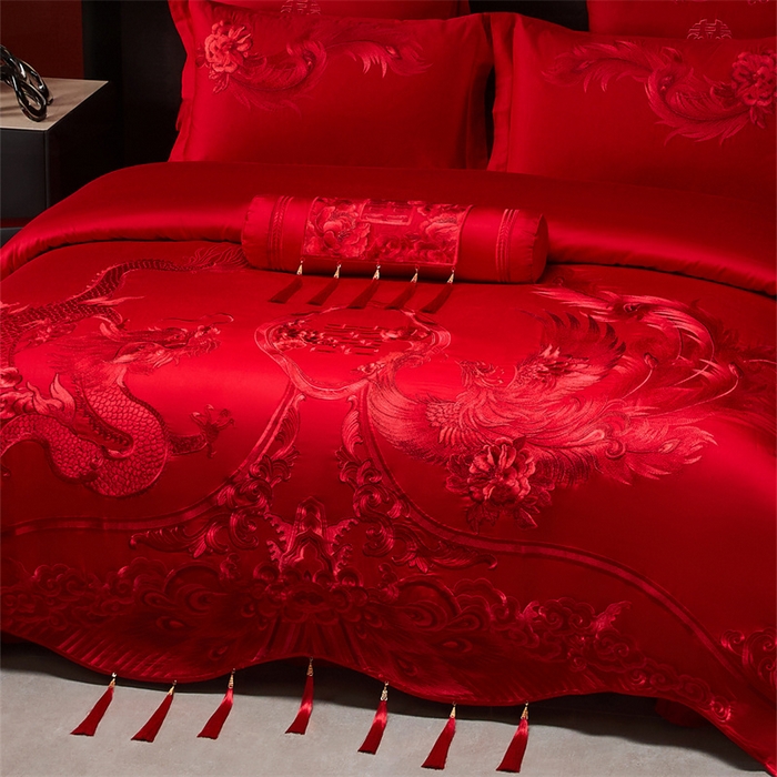91家纺网 家纺一手货源 找家纺 宏羽纺家纺 2025新款全棉100%全棉新中式婚庆多件套 全棉一龙凤盛典-红